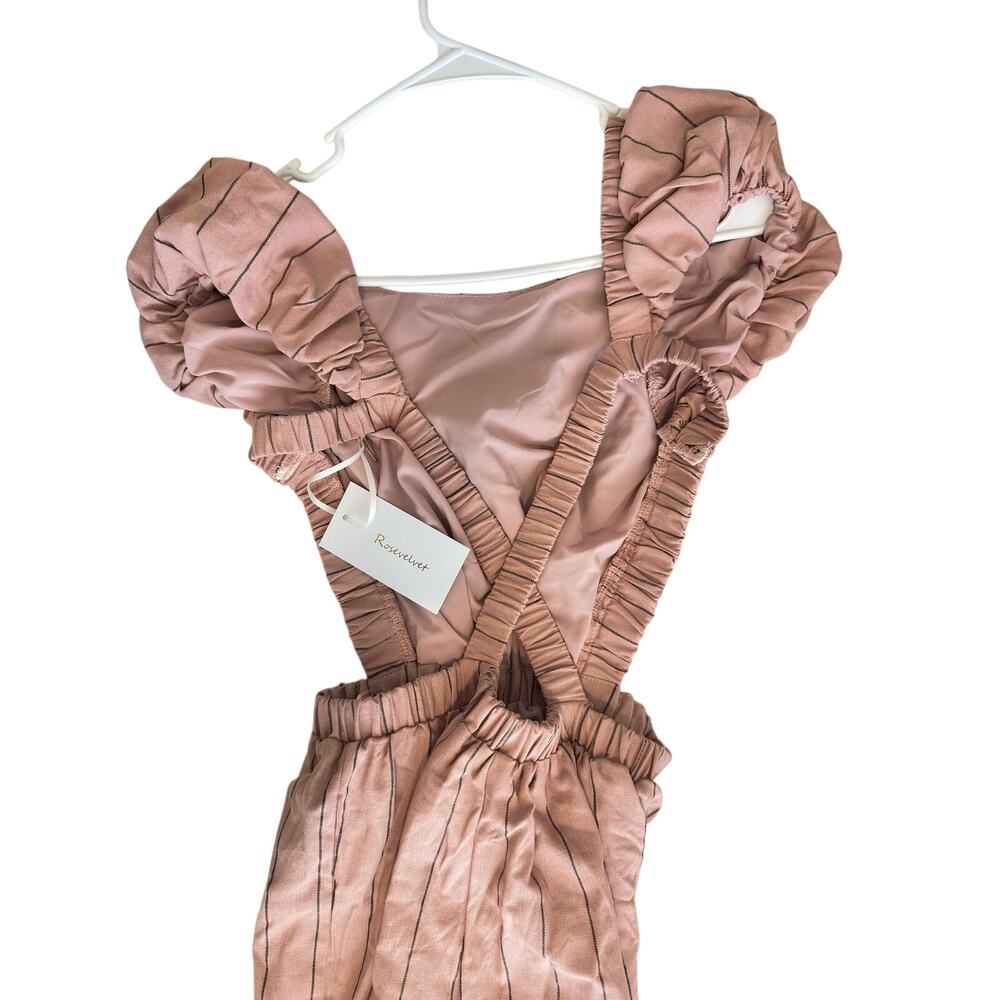 NWT Rosevelvet Puff Shoulder Mauve Pinstripe Criss-Cross Jumpsuit Sz L - Picture 2 of 6